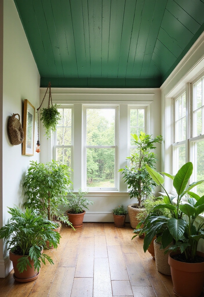 19 Coastal-Inspired Painted Wood Ceiling Ideas for a Relaxing Vibe! - 15. Lush Greenery