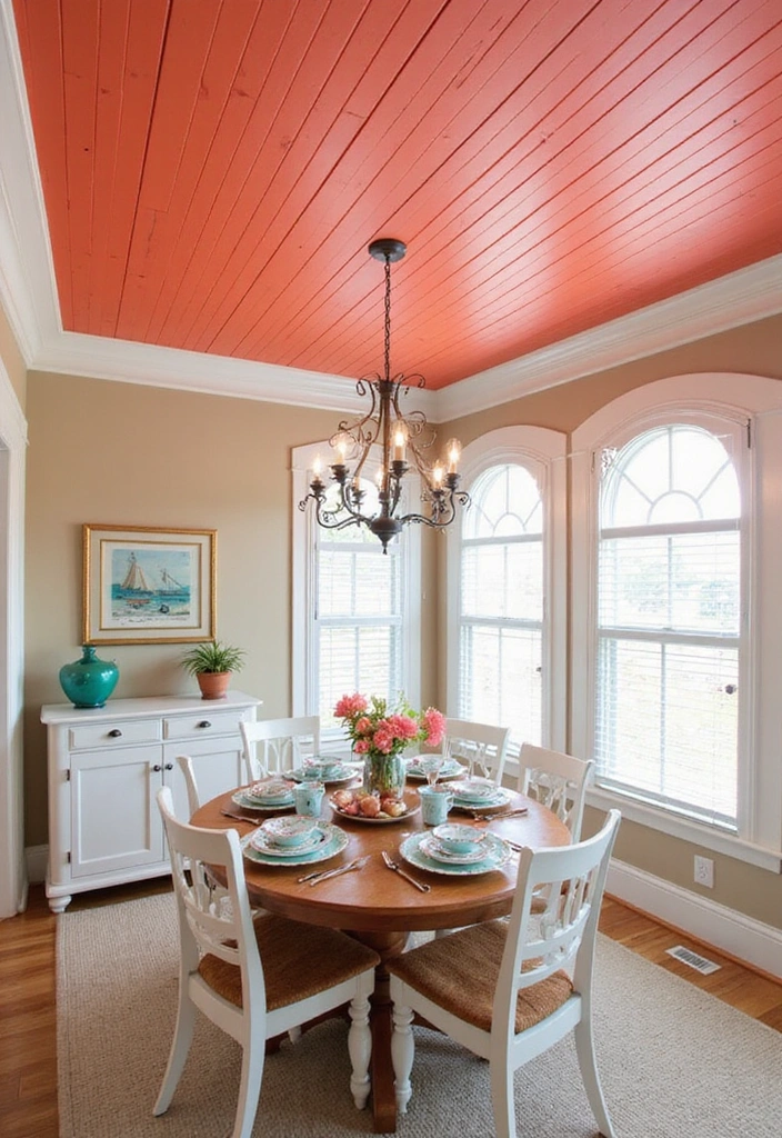 19 Coastal-Inspired Painted Wood Ceiling Ideas for a Relaxing Vibe! - 2. Bright Coral Accents
