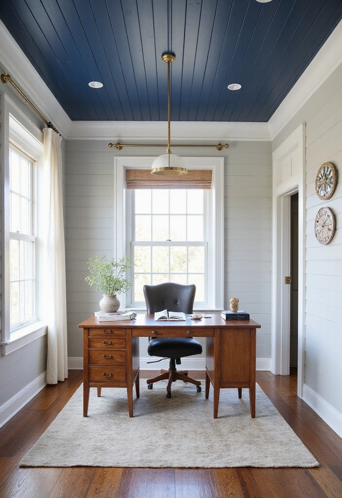19 Coastal-Inspired Painted Wood Ceiling Ideas for a Relaxing Vibe! - 4. Nautical Navy