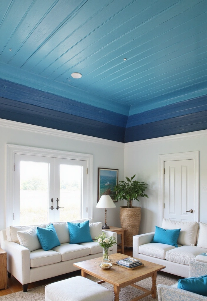19 Coastal-Inspired Painted Wood Ceiling Ideas for a Relaxing Vibe! - 6. Ocean Blue Ombre