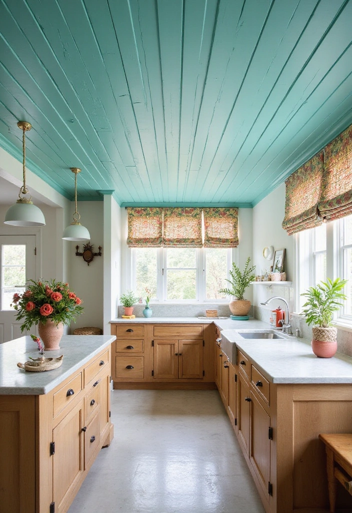 19 Coastal-Inspired Painted Wood Ceiling Ideas for a Relaxing Vibe! - 7. Tropical Teal