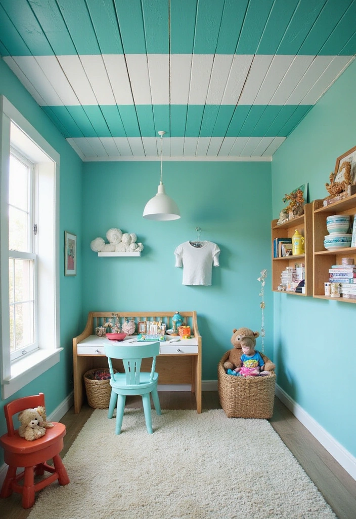 19 Coastal-Inspired Painted Wood Ceiling Ideas for a Relaxing Vibe! - 9. Aqua and White Stripes