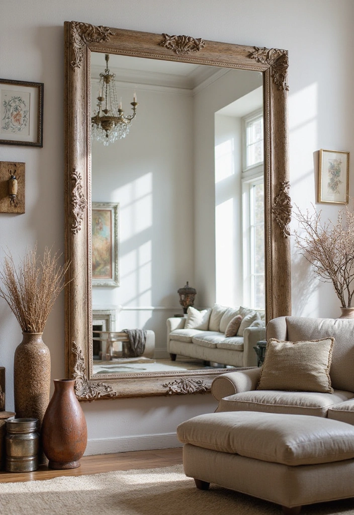 20 Creative Ways to Decorate Your Living Room with a Large Mirror for Maximum Impact! - 17. Introduce a Vintage Touch
