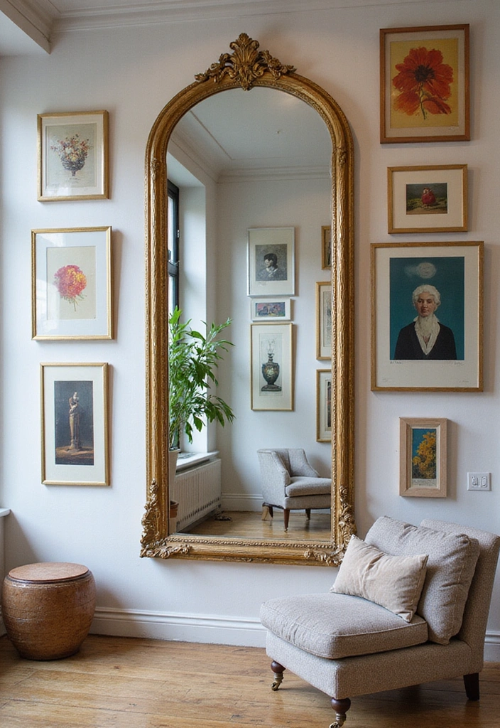 20 Creative Ways to Decorate Your Living Room with a Large Mirror for Maximum Impact! - 2. Layer with Artwork