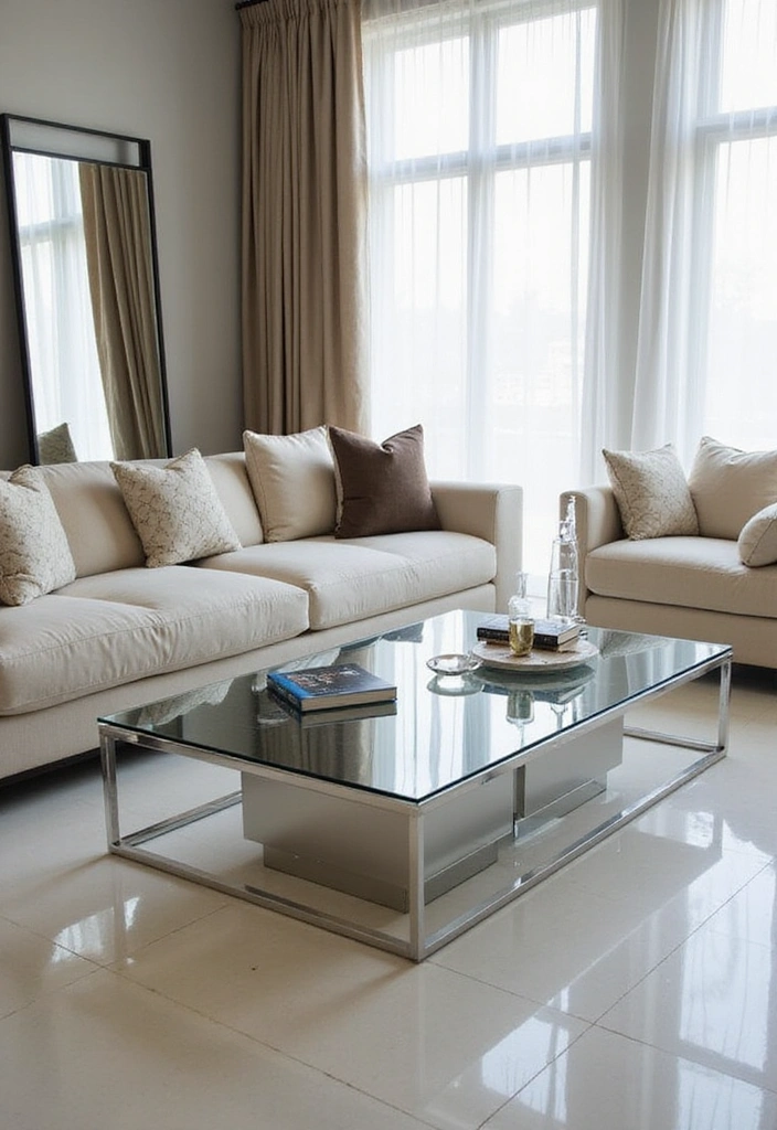 20 Creative Ways to Decorate Your Living Room with a Large Mirror for Maximum Impact! - 4. Reflective Furniture