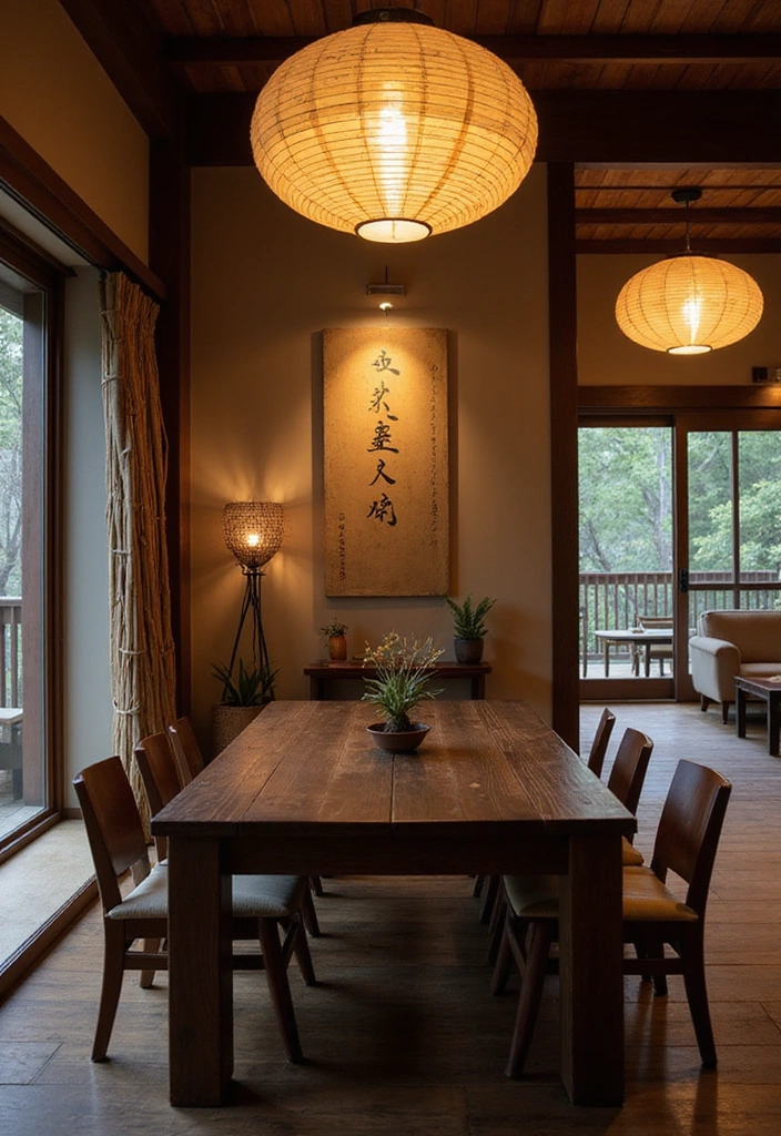 20 Elegant Dark Brown Dining Room Inspirations Featuring Rustic Wooden Tables and Warm Lighting! - 12. Asian-Inspired Serenity