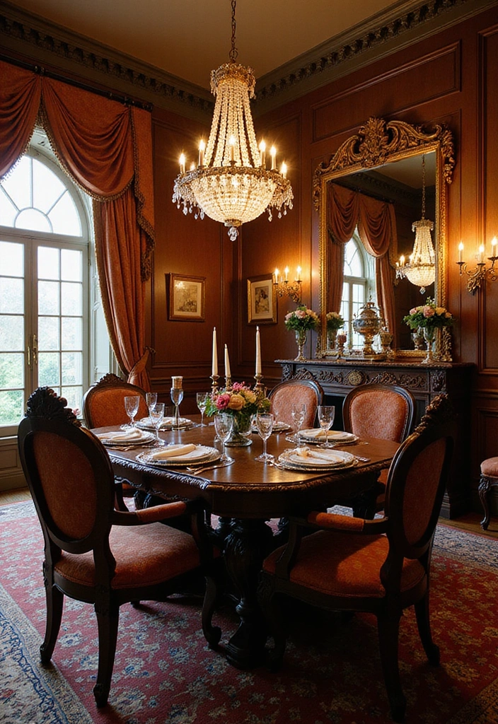20 Elegant Dark Brown Dining Room Inspirations Featuring Rustic Wooden Tables and Warm Lighting! - 15. Victorian Charm