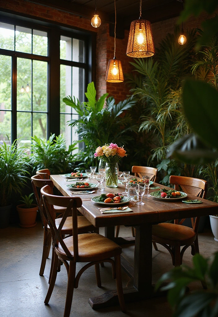 20 Elegant Dark Brown Dining Room Inspirations Featuring Rustic Wooden Tables and Warm Lighting! - 18. Urban Tropical Oasis