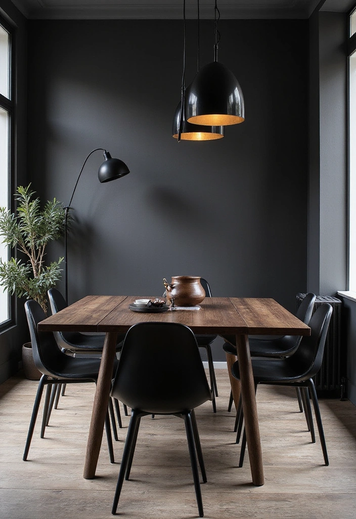 20 Elegant Dark Brown Dining Room Inspirations Featuring Rustic Wooden Tables and Warm Lighting! - 19. Sophisticated Monochrome