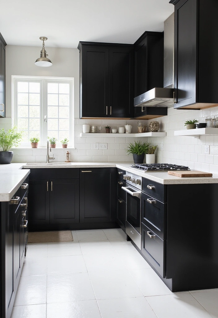 20 Inspiring Black Kitchen Cabinets and White Tile Floors with Sleek Stainless Steel Appliances - 1. Chic Contrast: Black Cabinets with White Subway Tiles