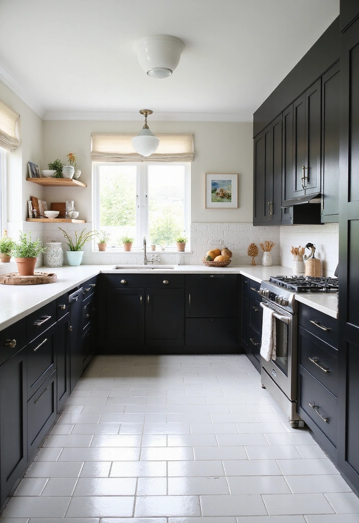 20 Inspiring Black Kitchen Cabinets and White Tile Floors with Sleek Stainless Steel Appliances - 10. Bright and Breezy: Light Accents