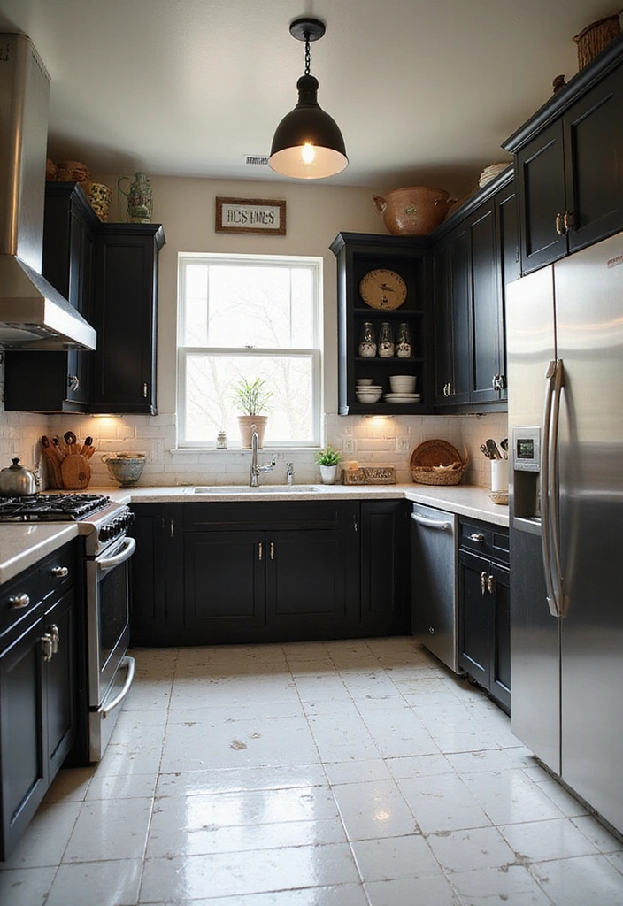 20 Inspiring Black Kitchen Cabinets and White Tile Floors with Sleek Stainless Steel Appliances - 11. Vintage Charm with a Modern Twist