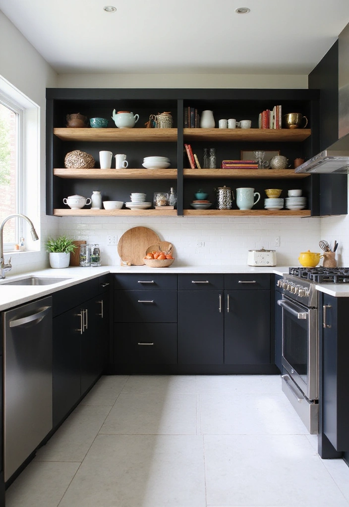 20 Inspiring Black Kitchen Cabinets and White Tile Floors with Sleek Stainless Steel Appliances - 14. Open Shelving