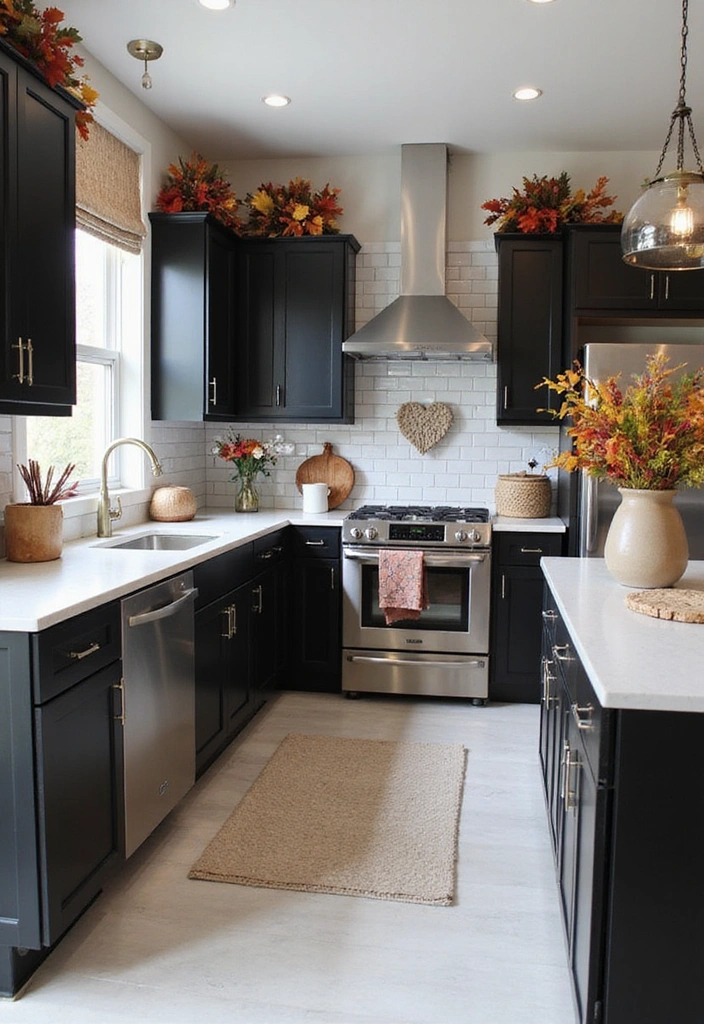20 Inspiring Black Kitchen Cabinets and White Tile Floors with Sleek Stainless Steel Appliances - 15. Seasonal Decor