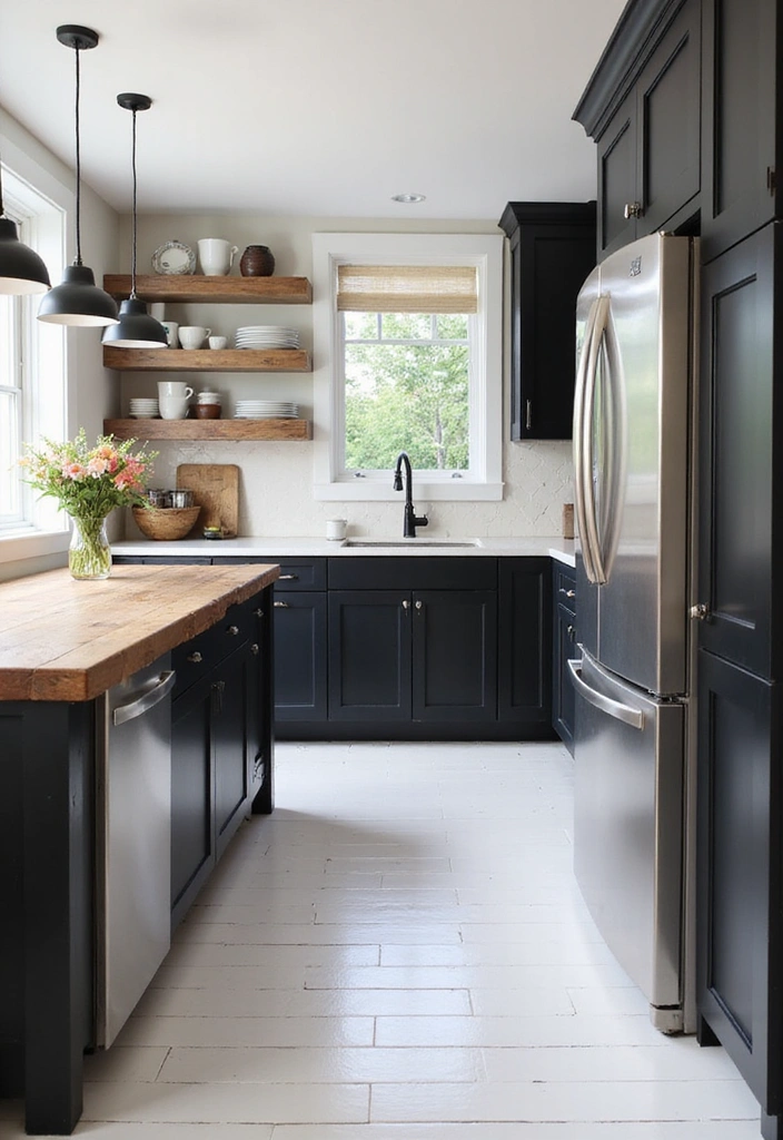 20 Inspiring Black Kitchen Cabinets and White Tile Floors with Sleek Stainless Steel Appliances - 2. Modern Farmhouse Flair
