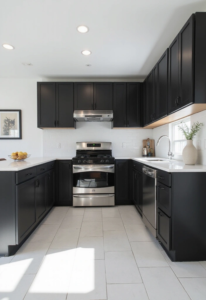 20 Inspiring Black Kitchen Cabinets and White Tile Floors with Sleek Stainless Steel Appliances - 3. Elegant Minimalism