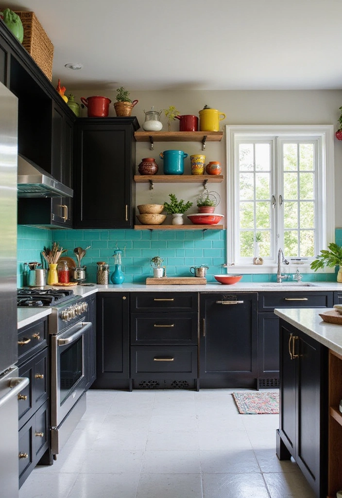 20 Inspiring Black Kitchen Cabinets and White Tile Floors with Sleek Stainless Steel Appliances - 4. Bold and Beautiful: Accent Colors