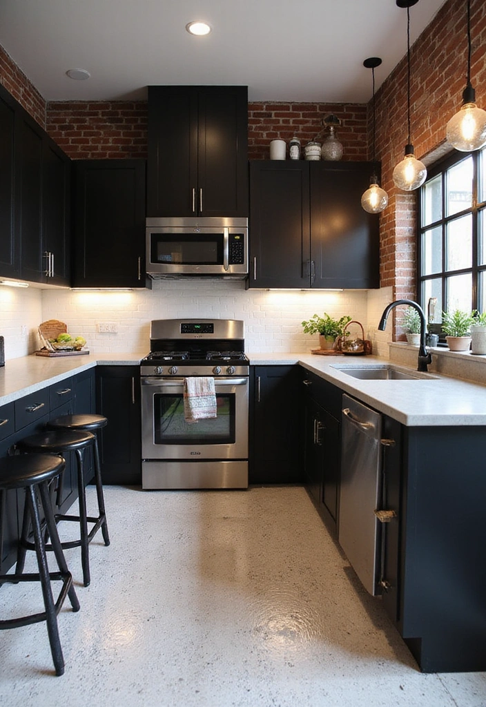 20 Inspiring Black Kitchen Cabinets and White Tile Floors with Sleek Stainless Steel Appliances - 5. Industrial Chic