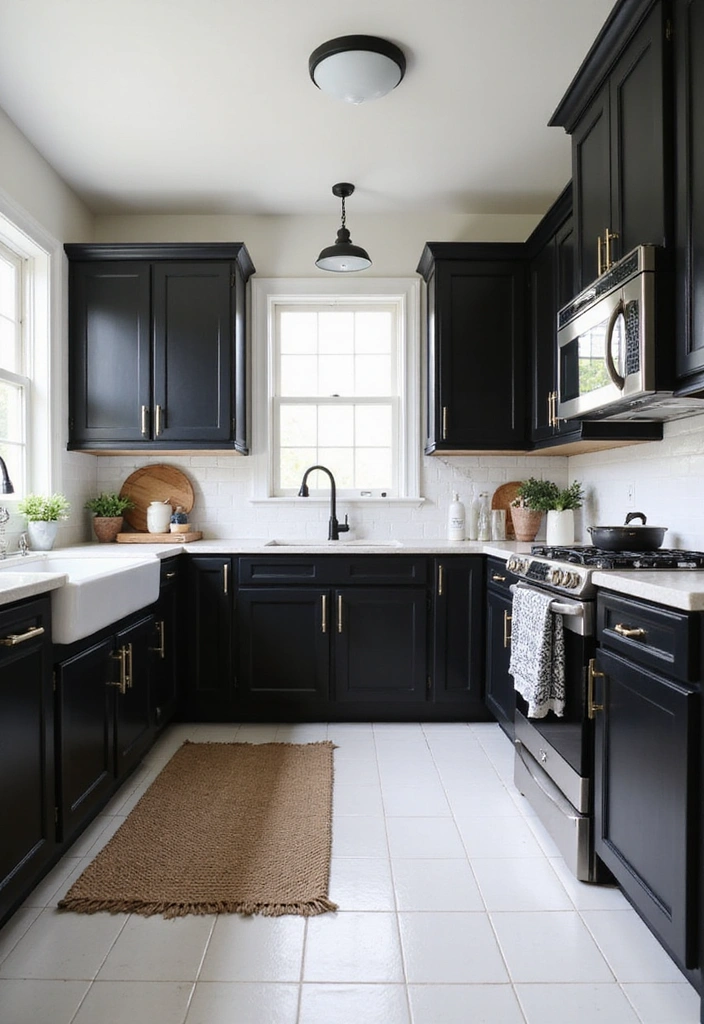 20 Inspiring Black Kitchen Cabinets and White Tile Floors with Sleek Stainless Steel Appliances - 6. Timeless Monochrome