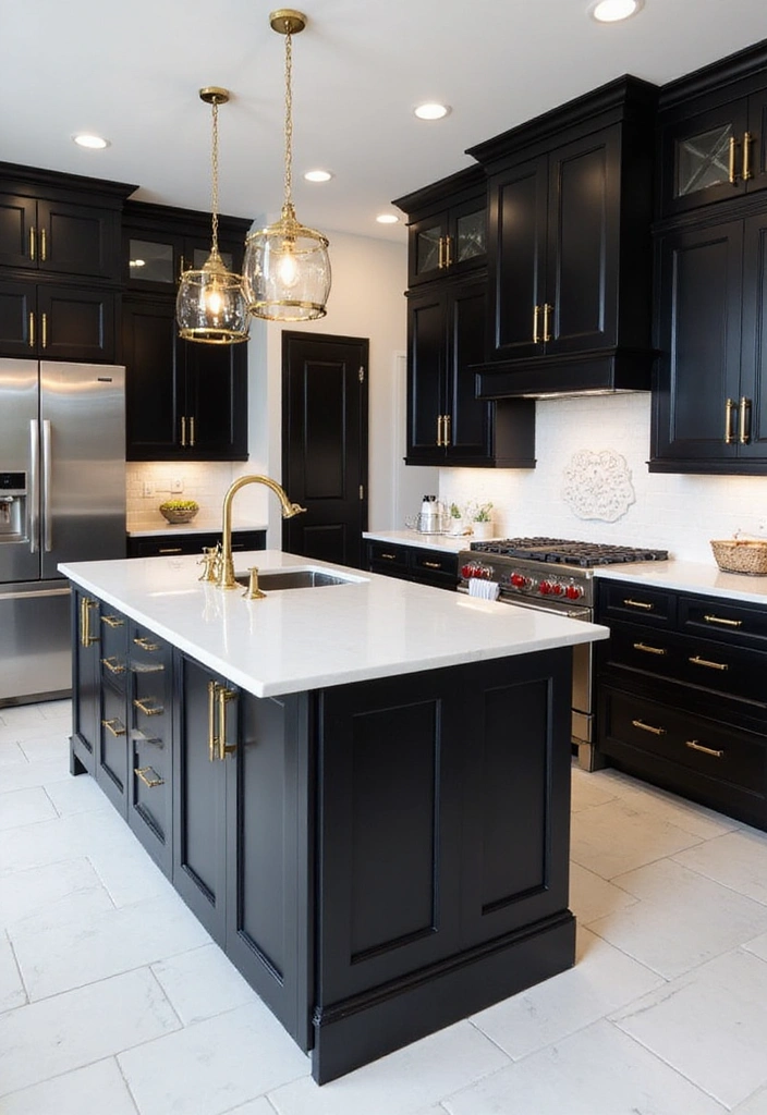 20 Inspiring Black Kitchen Cabinets and White Tile Floors with Sleek Stainless Steel Appliances - 7. Luxurious Touches: Gold Hardware