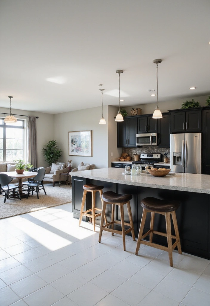 20 Inspiring Black Kitchen Cabinets and White Tile Floors with Sleek Stainless Steel Appliances - 8. Open Concept Living