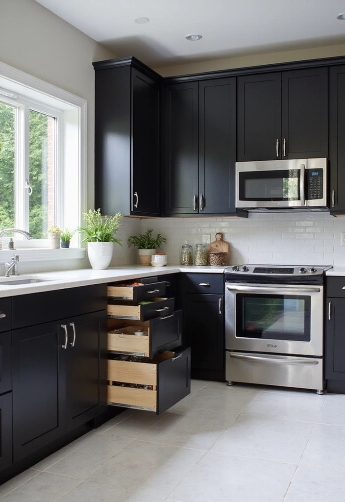 20 Inspiring Black Kitchen Cabinets and White Tile Floors with Sleek Stainless Steel Appliances - 9. Smart Storage Solutions