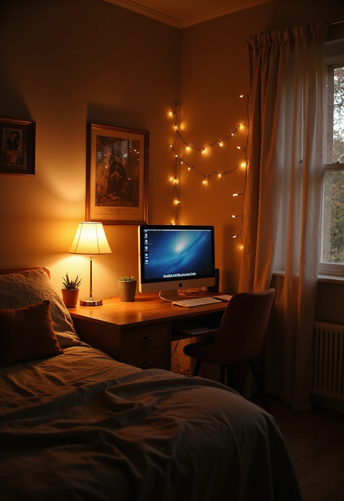 21 Functional and Cozy Bedroom Office Ideas for a Perfect Work-Life Balance! - 6. Warm Lighting for Ambiance