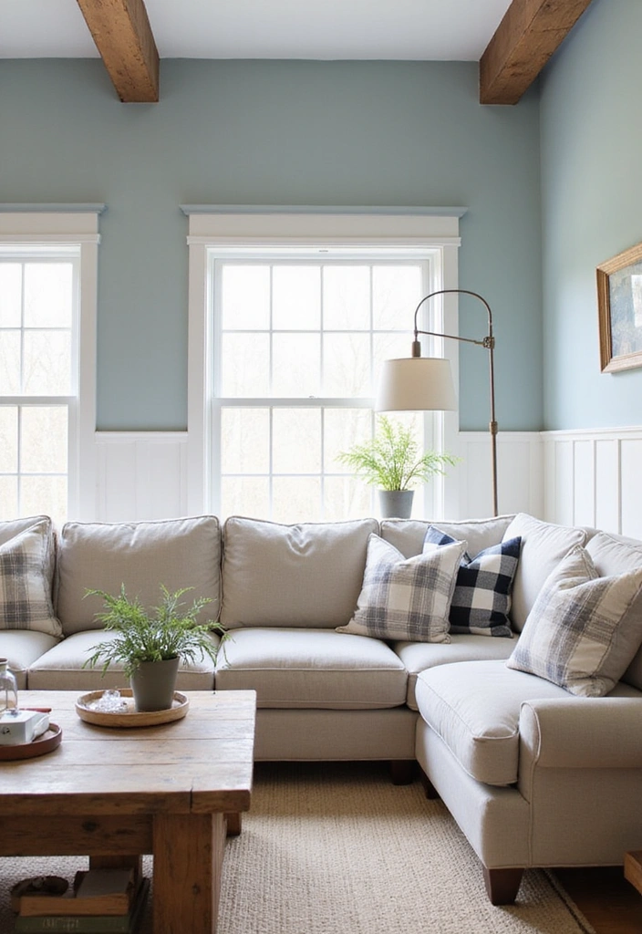 21 Inviting Living Room Ideas with Benjamin Moore Blue Paint Color and Cozy Sectional Sofas! - 10. Farmhouse Cozy