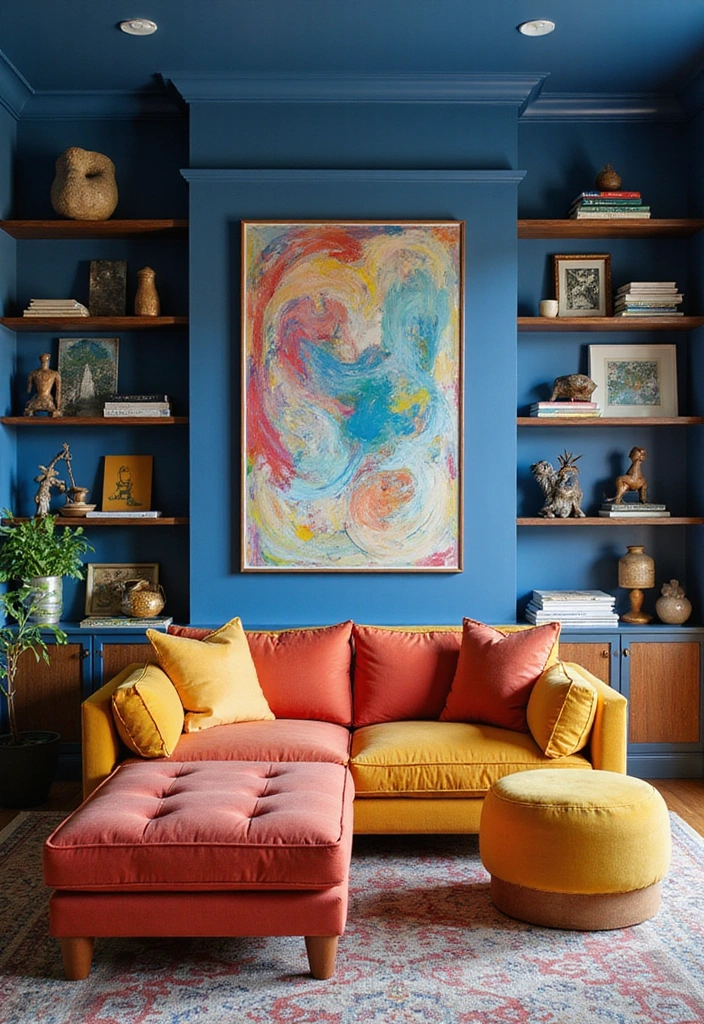 21 Inviting Living Room Ideas with Benjamin Moore Blue Paint Color and Cozy Sectional Sofas! - 11. Artistic Expression