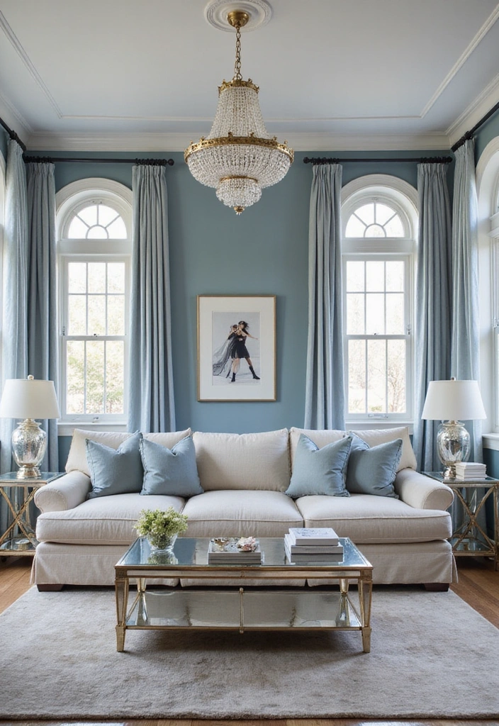 21 Inviting Living Room Ideas with Benjamin Moore Blue Paint Color and Cozy Sectional Sofas! - 13. Glamorous Retreat