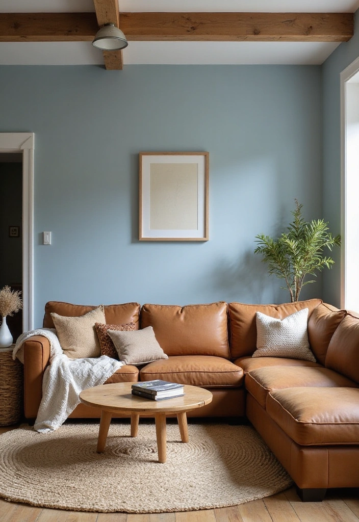 21 Inviting Living Room Ideas with Benjamin Moore Blue Paint Color and Cozy Sectional Sofas! - 16. Warm Earth Tones