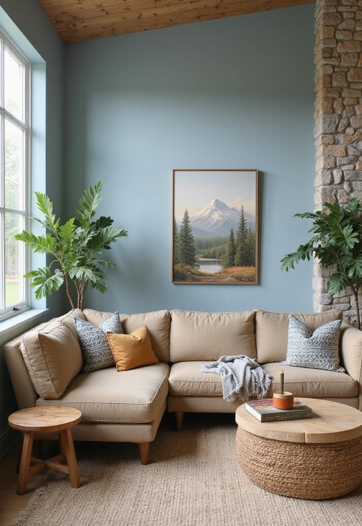 21 Inviting Living Room Ideas with Benjamin Moore Blue Paint Color and Cozy Sectional Sofas! - 20. Nature-Inspired