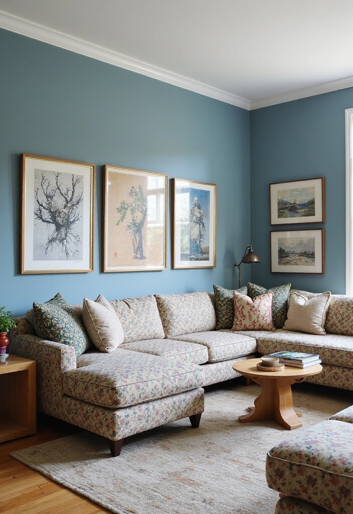 21 Inviting Living Room Ideas with Benjamin Moore Blue Paint Color and Cozy Sectional Sofas! - 21. Artistic Fusion