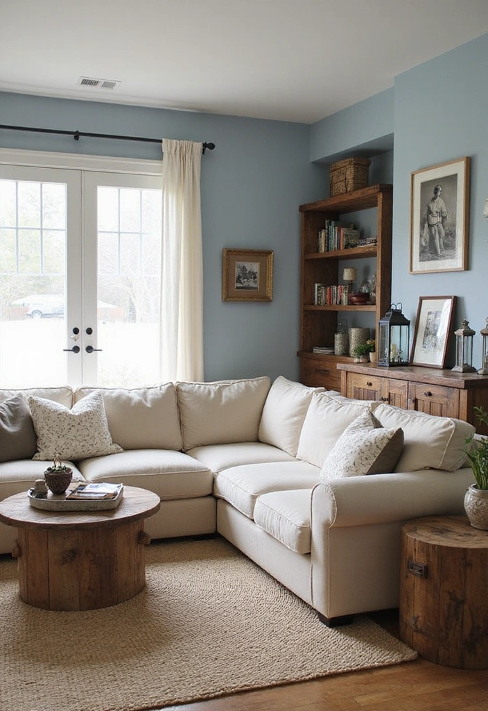 21 Inviting Living Room Ideas with Benjamin Moore Blue Paint Color and Cozy Sectional Sofas! - 3. Rustic Charm