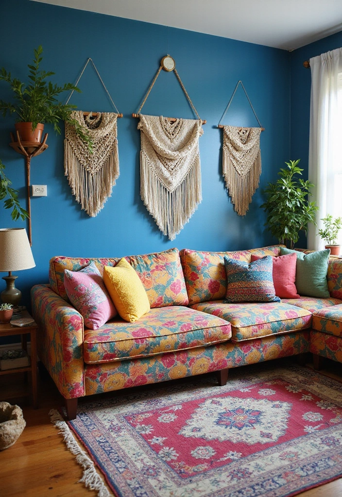 21 Inviting Living Room Ideas with Benjamin Moore Blue Paint Color and Cozy Sectional Sofas! - 4. Bohemian Vibes