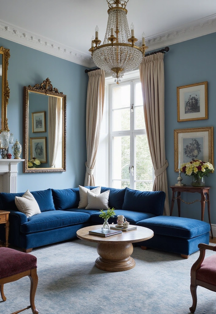 21 Inviting Living Room Ideas with Benjamin Moore Blue Paint Color and Cozy Sectional Sofas! - 5. Elegant Traditional