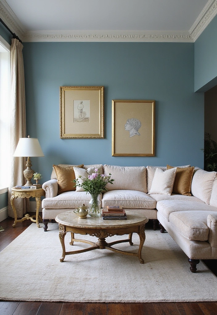 21 Inviting Living Room Ideas with Benjamin Moore Blue Paint Color and Cozy Sectional Sofas! - 7. Vintage Glam