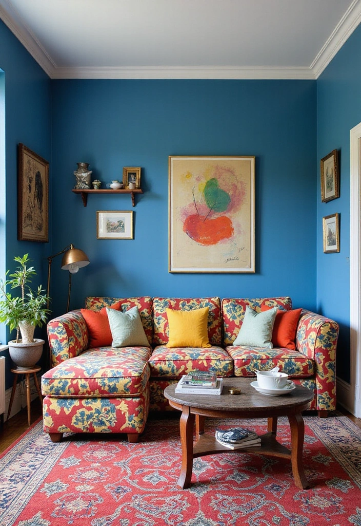 21 Inviting Living Room Ideas with Benjamin Moore Blue Paint Color and Cozy Sectional Sofas! - 8. Eclectic Mix