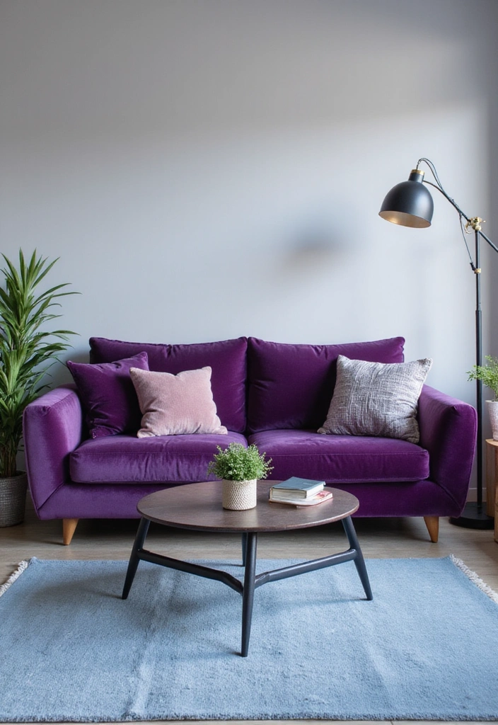 21 Lebendige Wohnzimmerideen: Lila Sofa, blauer Teppich und eleganter Kronleuchter! - 1. Lila Sofa als Blickfang