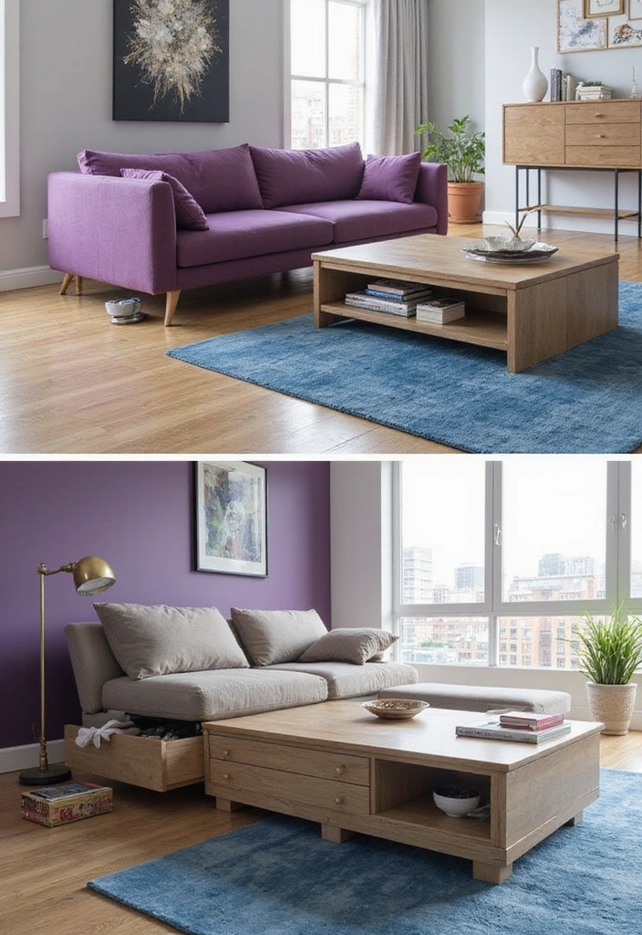 21 Lebendige Wohnzimmerideen: Lila Sofa, blauer Teppich und eleganter Kronleuchter! - 11. Multifunktionale Möbel