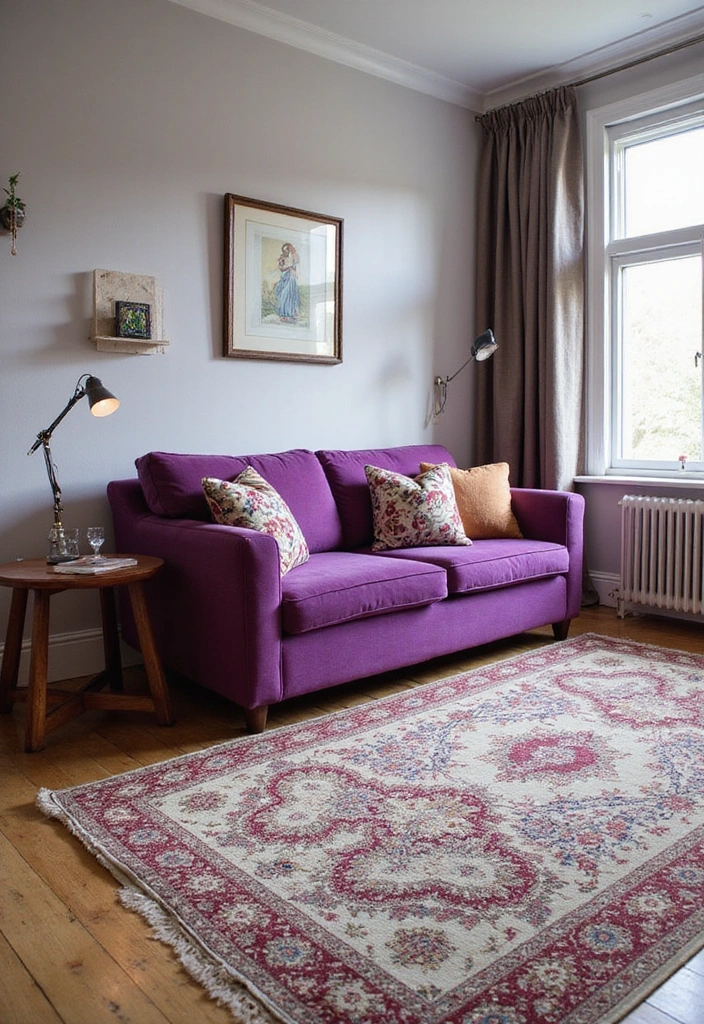 21 Lebendige Wohnzimmerideen: Lila Sofa, blauer Teppich und eleganter Kronleuchter! - 13. Teppichmuster für visuelles Interesse
