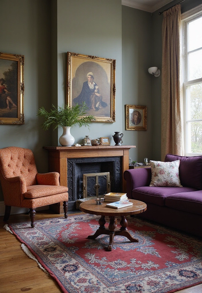 21 Lebendige Wohnzimmerideen: Lila Sofa, blauer Teppich und eleganter Kronleuchter! - 14. Vintage Akzente