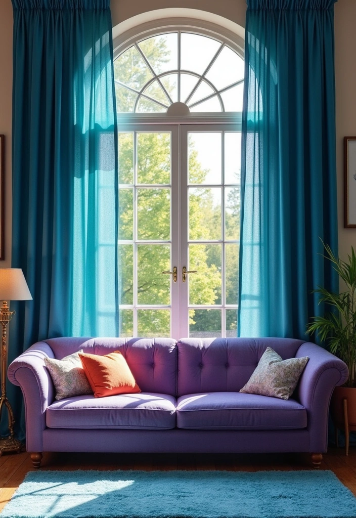 21 Lebendige Wohnzimmerideen: Lila Sofa, blauer Teppich und eleganter Kronleuchter! - 15. Farbige Vorhänge
