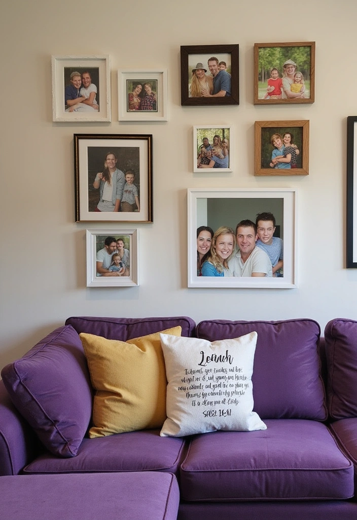 21 Lebendige Wohnzimmerideen: Lila Sofa, blauer Teppich und eleganter Kronleuchter! - 16. Personalisierte Dekoration