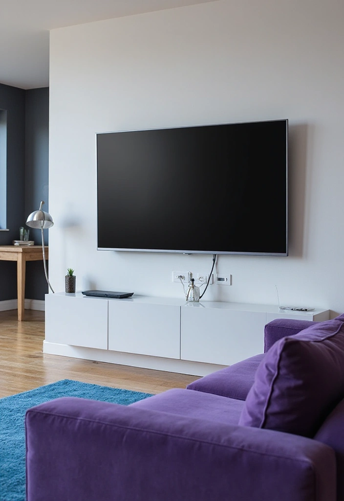 21 Lebendige Wohnzimmerideen: Lila Sofa, blauer Teppich und eleganter Kronleuchter! - 18. Moderne Technik integrieren