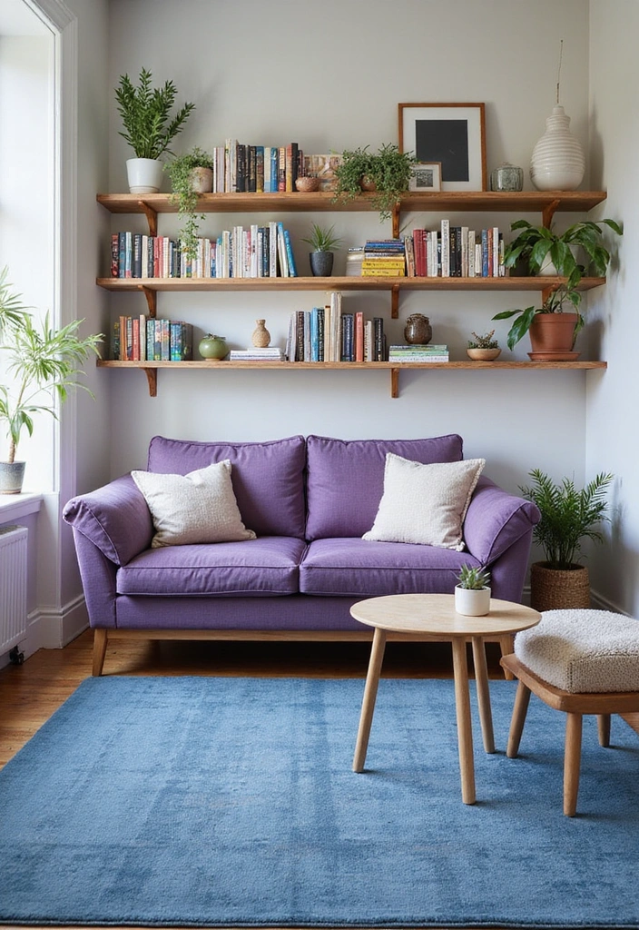 21 Lebendige Wohnzimmerideen: Lila Sofa, blauer Teppich und eleganter Kronleuchter! - 19. Offene Regalsysteme