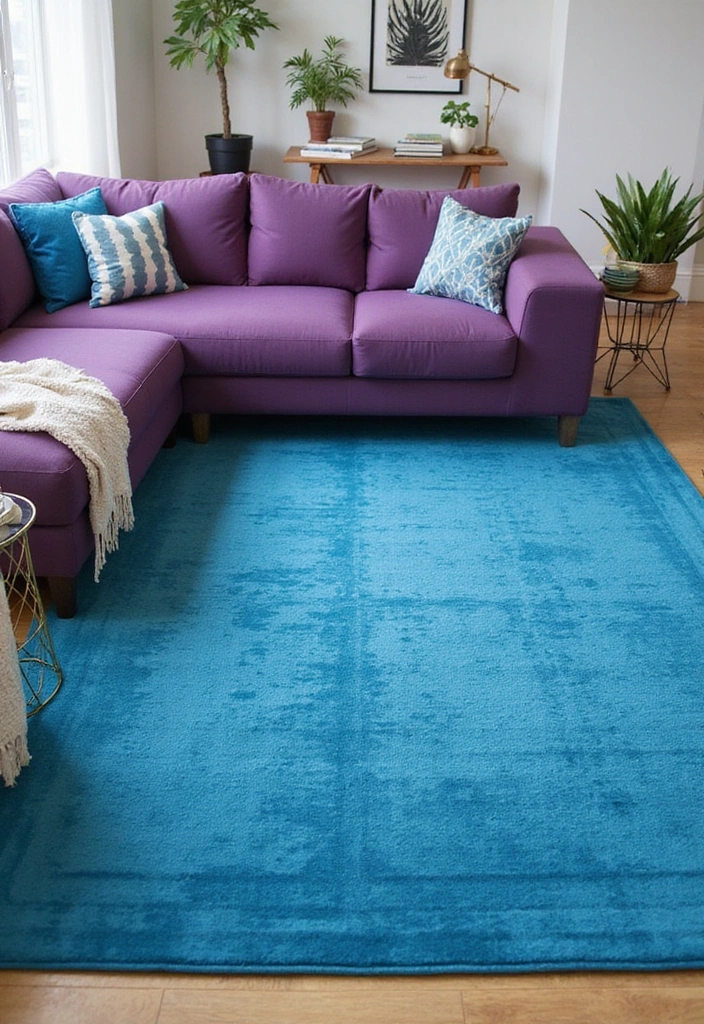 21 Lebendige Wohnzimmerideen: Lila Sofa, blauer Teppich und eleganter Kronleuchter! - 2. Blauer Teppich für Farbtiefe