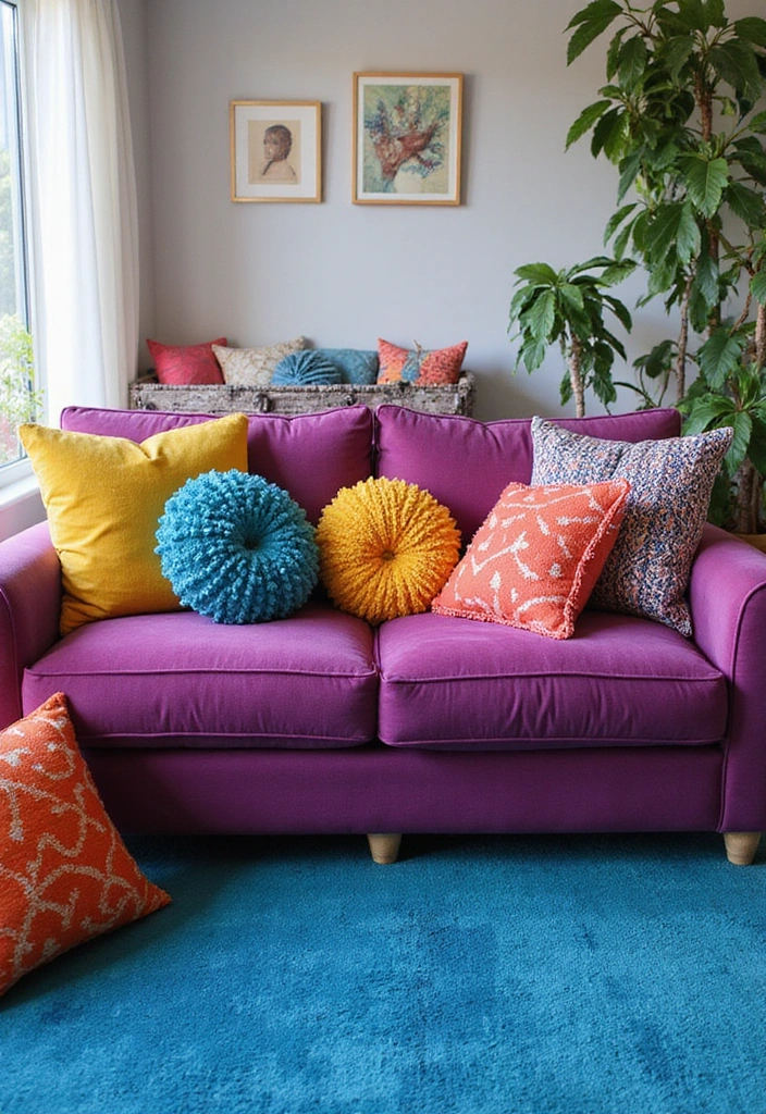 21 Lebendige Wohnzimmerideen: Lila Sofa, blauer Teppich und eleganter Kronleuchter! - 20. Farbenfrohe Kissen