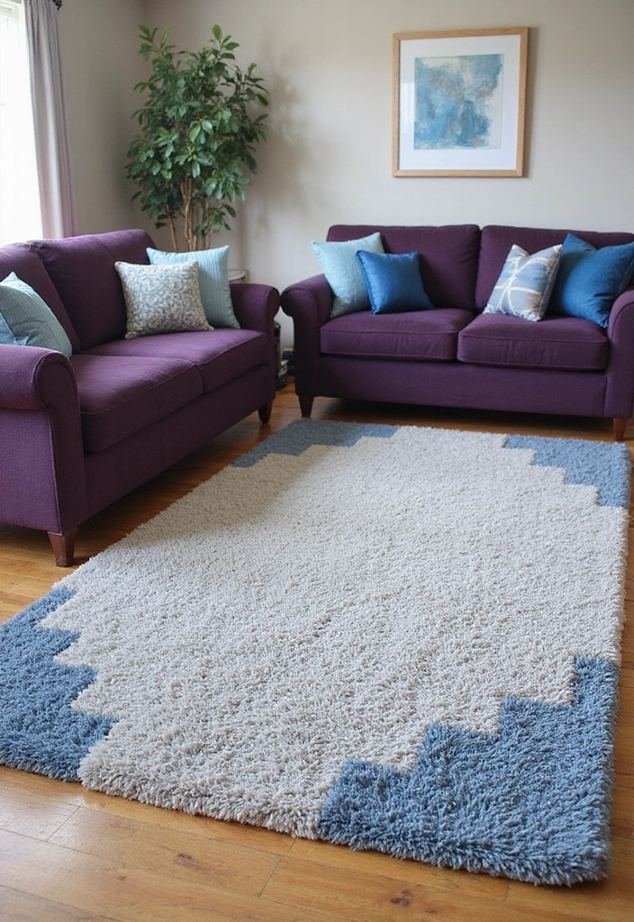 21 Lebendige Wohnzimmerideen: Lila Sofa, blauer Teppich und eleganter Kronleuchter! - 21. Stilvolle Teppichunterlagen
