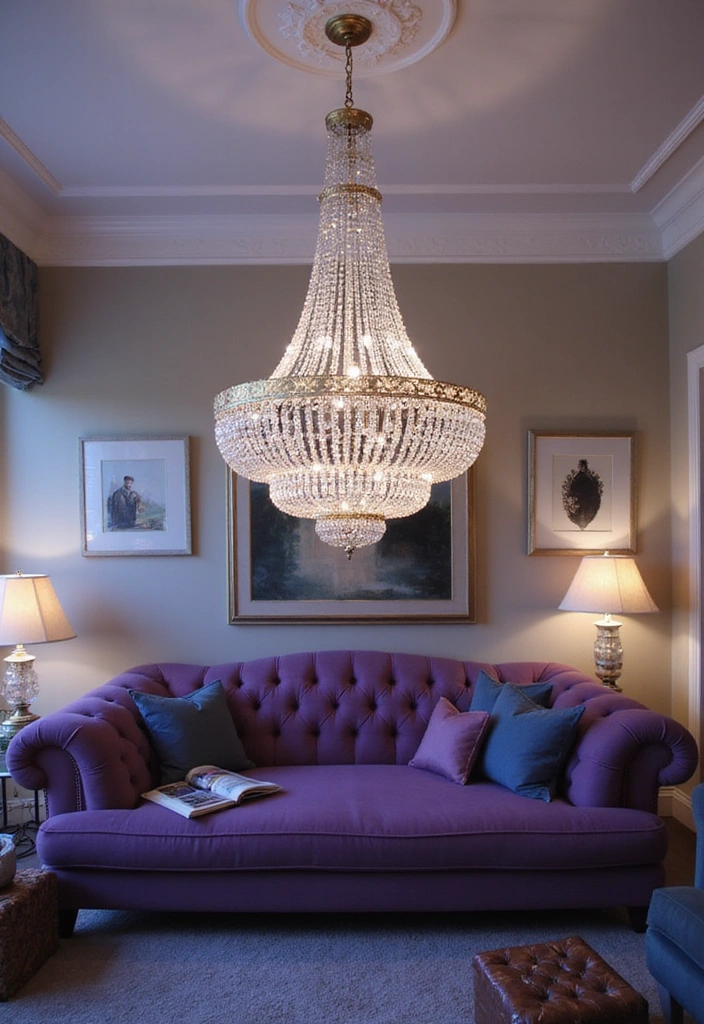21 Lebendige Wohnzimmerideen: Lila Sofa, blauer Teppich und eleganter Kronleuchter! - 3. Eleganter Kronleuchter für den Wow-Faktor